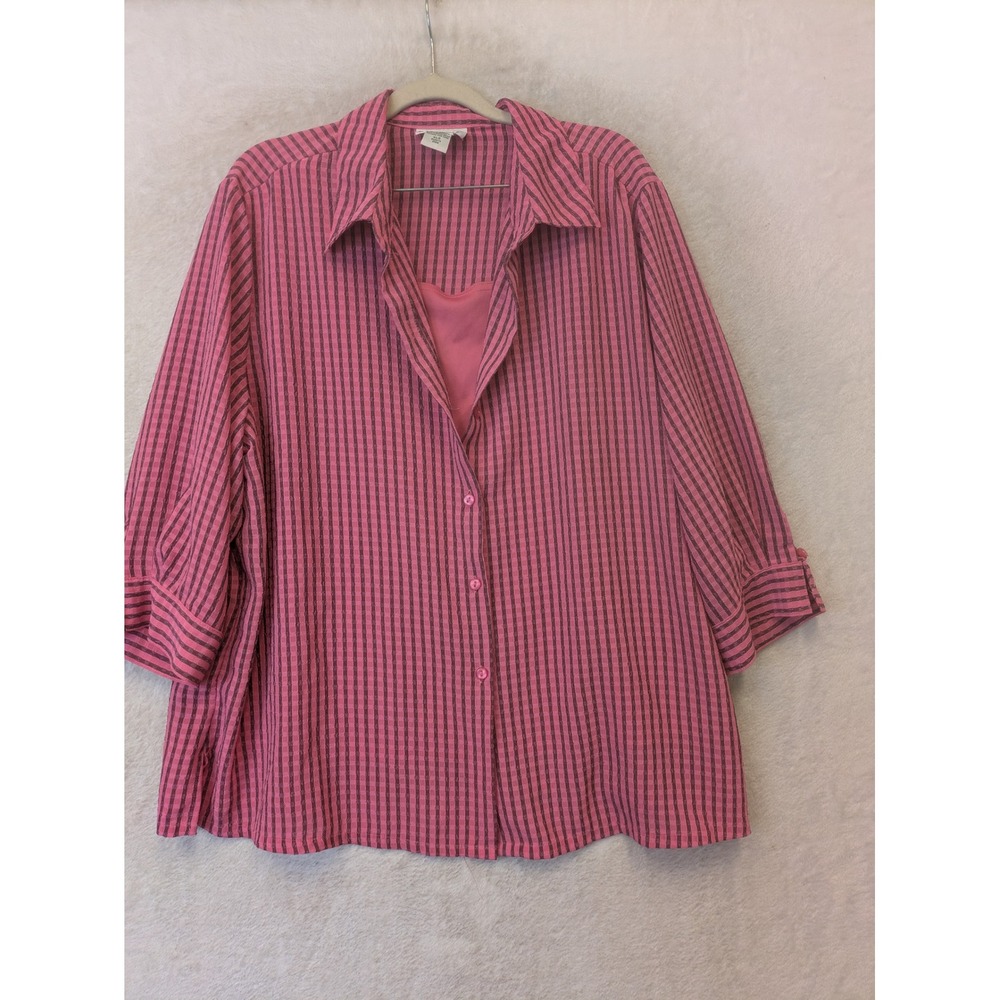 Joanna Button Up Shirt Women's XLG Pink Striped Seersucker 3/4 Sleeve Textured